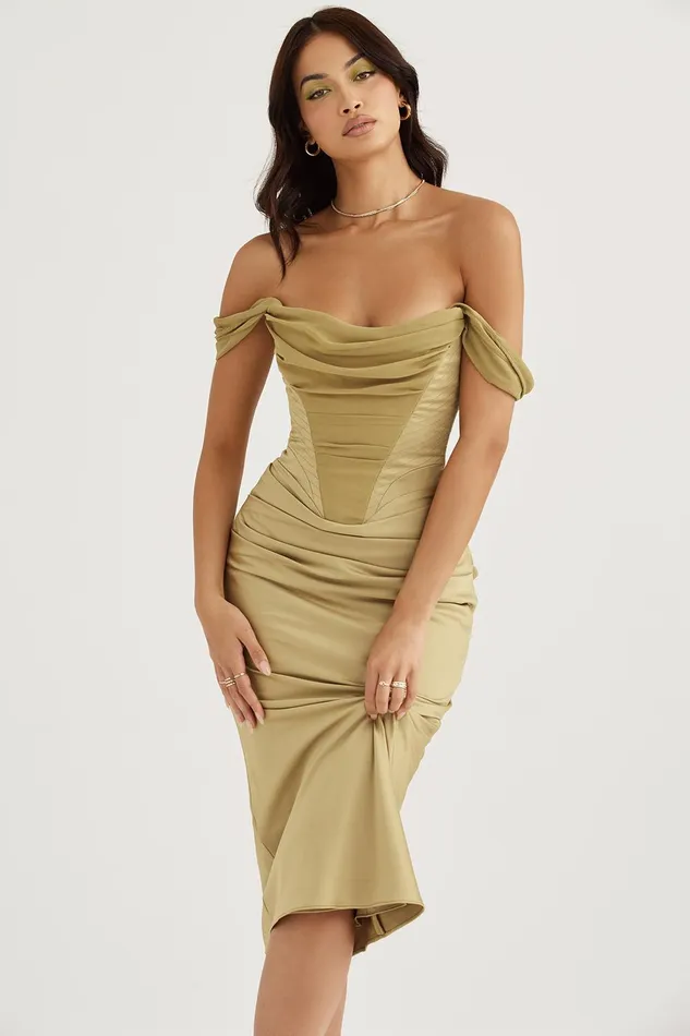 House Of CB NatalyaOlive Satin Corset Midi Dress 8211 SALE Olive Women Bodycon Dresses