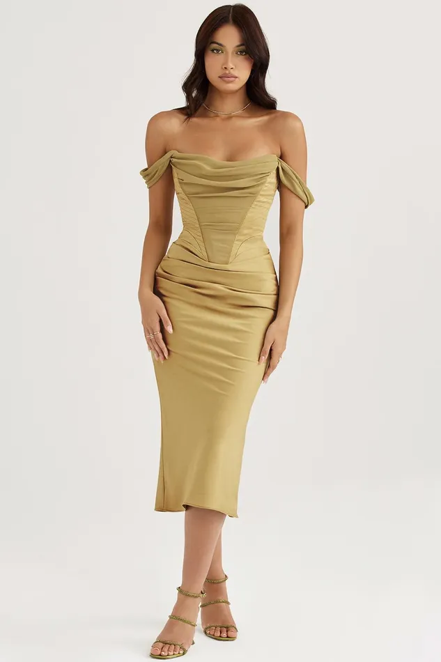 House Of CB NatalyaOlive Satin Corset Midi Dress 8211 SALE Olive Women Bodycon Dresses