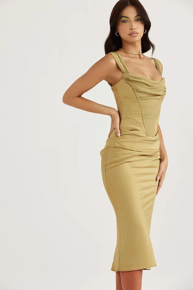 House Of CB NatalyaOlive Satin Corset Midi Dress 8211 SALE Olive Women Bodycon Dresses