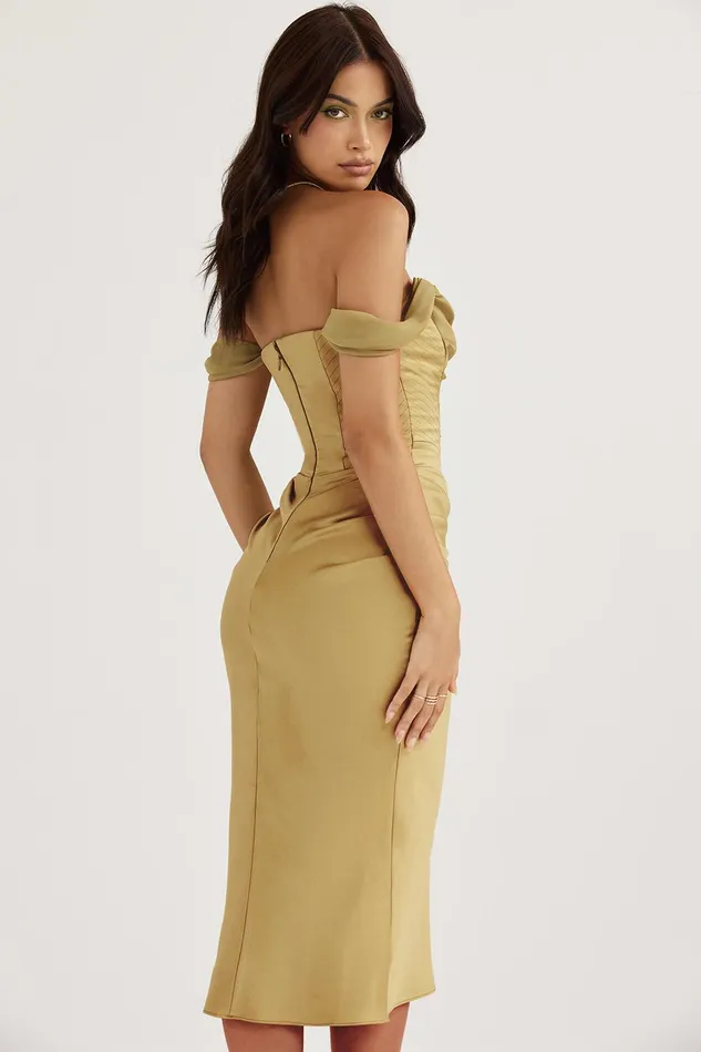 House Of CB NatalyaOlive Satin Corset Midi Dress 8211 SALE Olive Women Bodycon Dresses