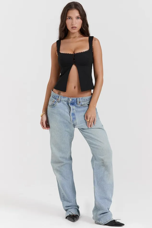 House Of CB NouraBlack Lace Trim Top Black Women Tops