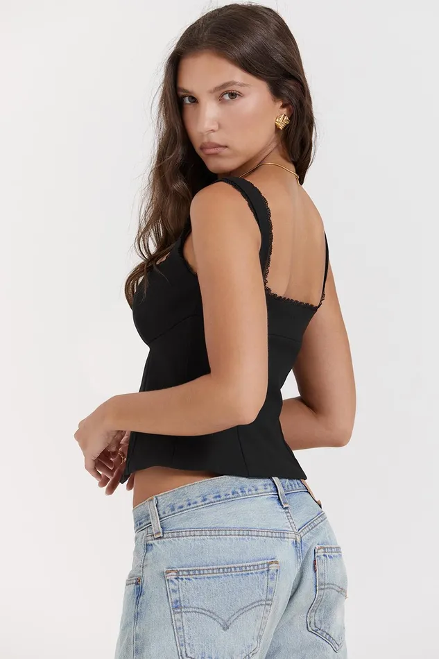House Of CB NouraBlack Lace Trim Top Black Women Tops