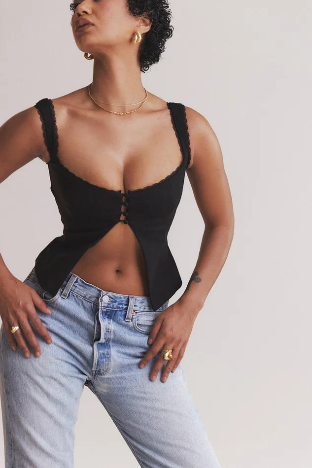 House Of CB NouraBlack Lace Trim Top Black Women Tops
