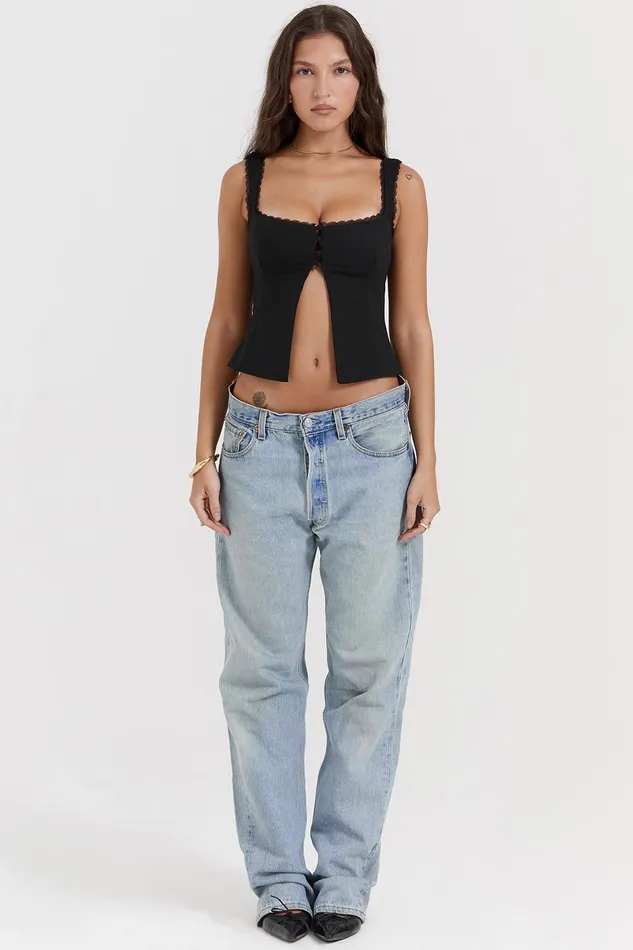 House Of CB NouraBlack Lace Trim Top Black Women Tops