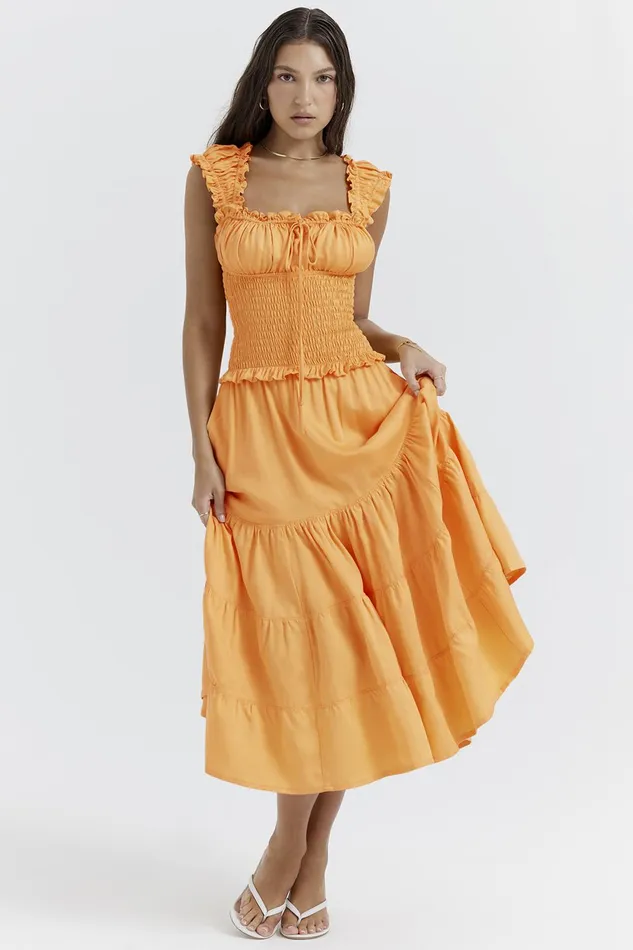 House Of CB PhedraTangerine Shirred Sundress 8211 SALE Tangerine Women Midi Dresses