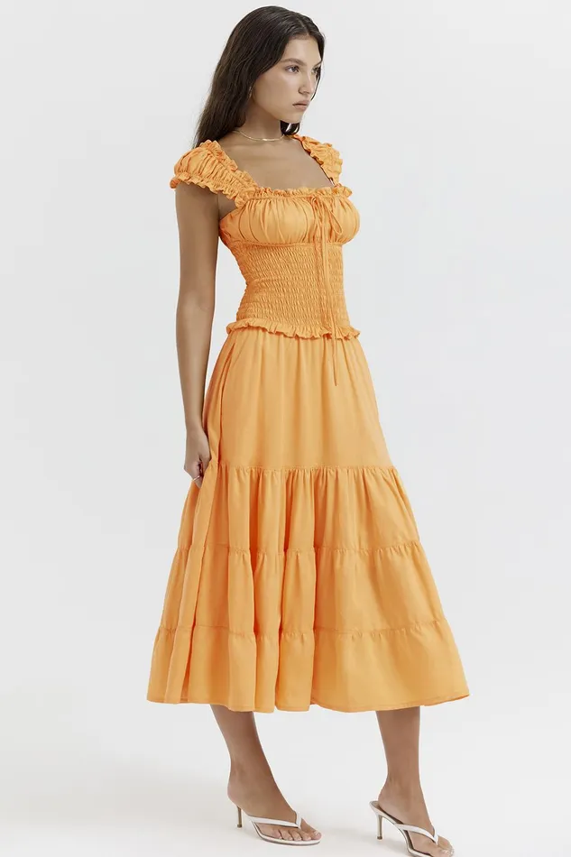 House Of CB PhedraTangerine Shirred Sundress 8211 SALE Tangerine Women Midi Dresses