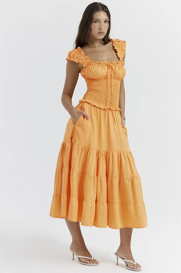 House Of CB PhedraTangerine Shirred Sundress 8211 SALE Tangerine Women Midi Dresses