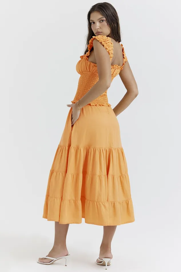 House Of CB PhedraTangerine Shirred Sundress 8211 SALE Tangerine Women Midi Dresses
