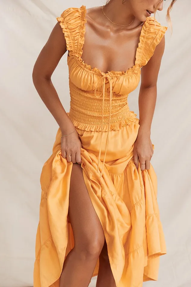 House Of CB PhedraTangerine Shirred Sundress 8211 SALE Tangerine Women Midi Dresses