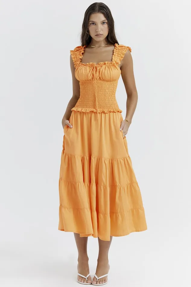 House Of CB PhedraTangerine Shirred Sundress 8211 SALE Tangerine Women Midi Dresses