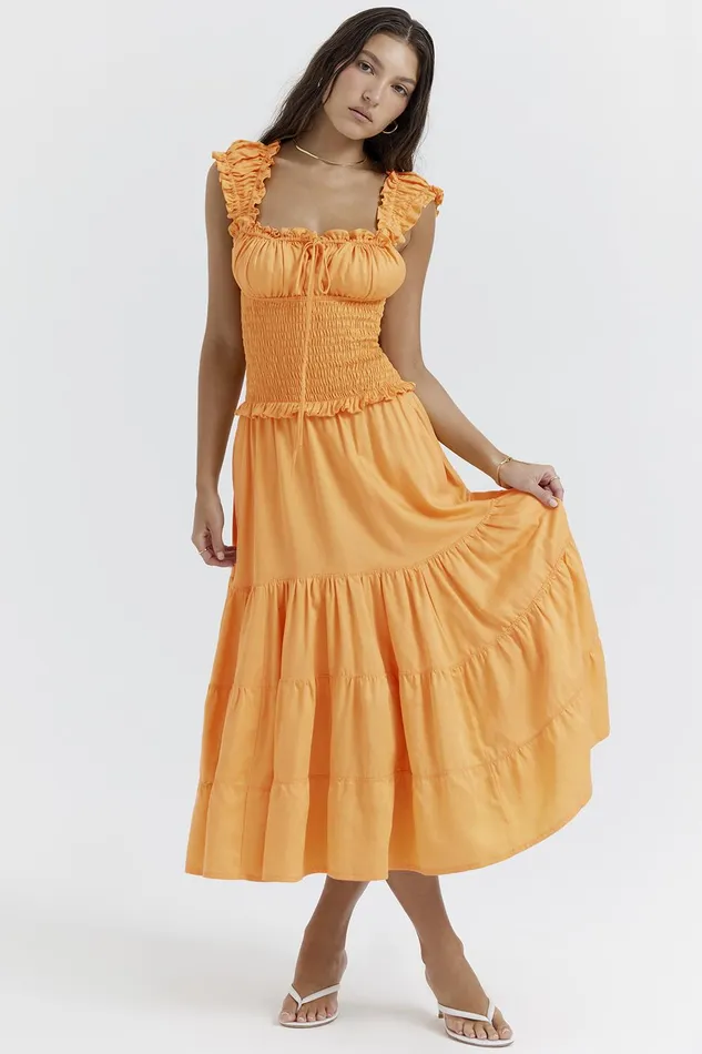 House Of CB PhedraTangerine Shirred Sundress 8211 SALE Tangerine Women Midi Dresses