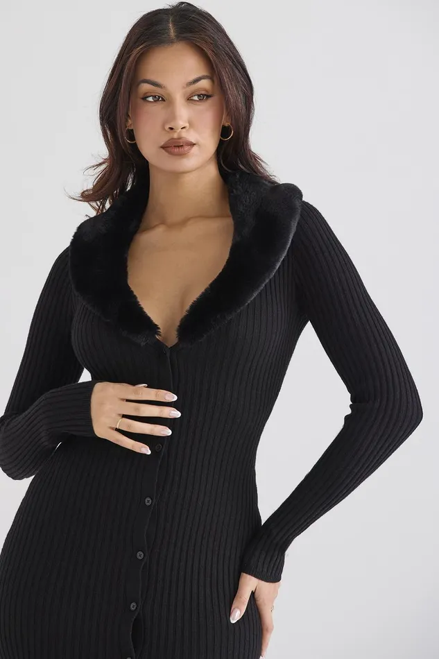 House Of CB RaineBlack Faux Fur Trim Dress 8211 SALE Black Women Bodycon Dresses