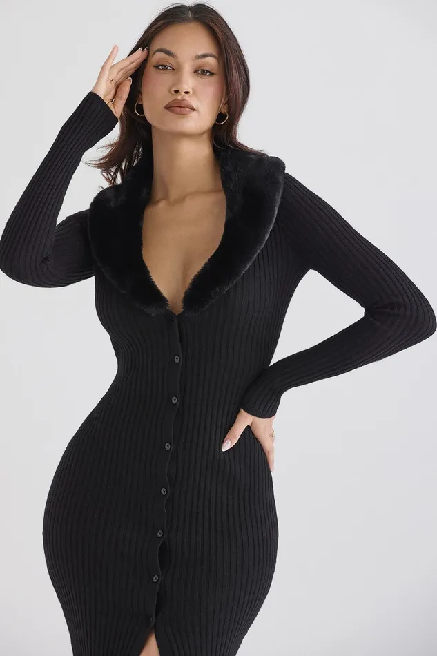 House Of CB RaineBlack Faux Fur Trim Dress 8211 SALE Black Women Bodycon Dresses