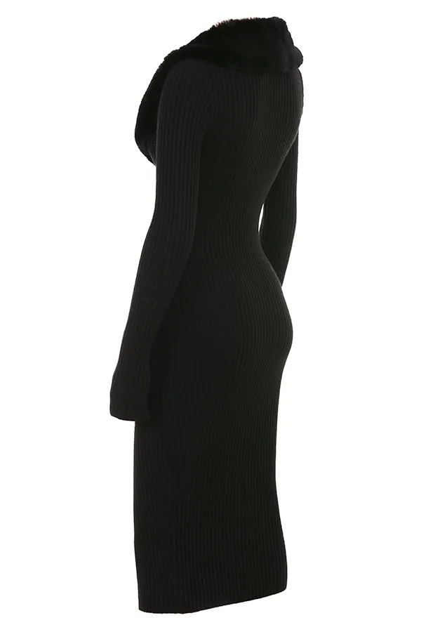 House Of CB RaineBlack Faux Fur Trim Dress 8211 SALE Black Women Bodycon Dresses