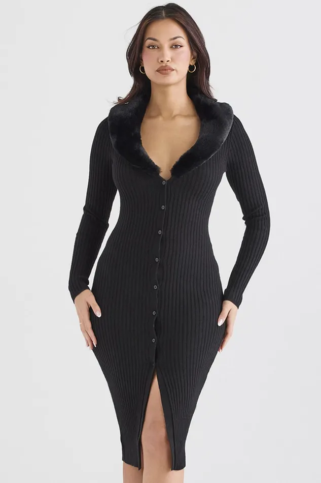 House Of CB RaineBlack Faux Fur Trim Dress 8211 SALE Black Women Bodycon Dresses