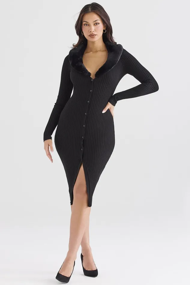 House Of CB RaineBlack Faux Fur Trim Dress 8211 SALE Black Women Bodycon Dresses