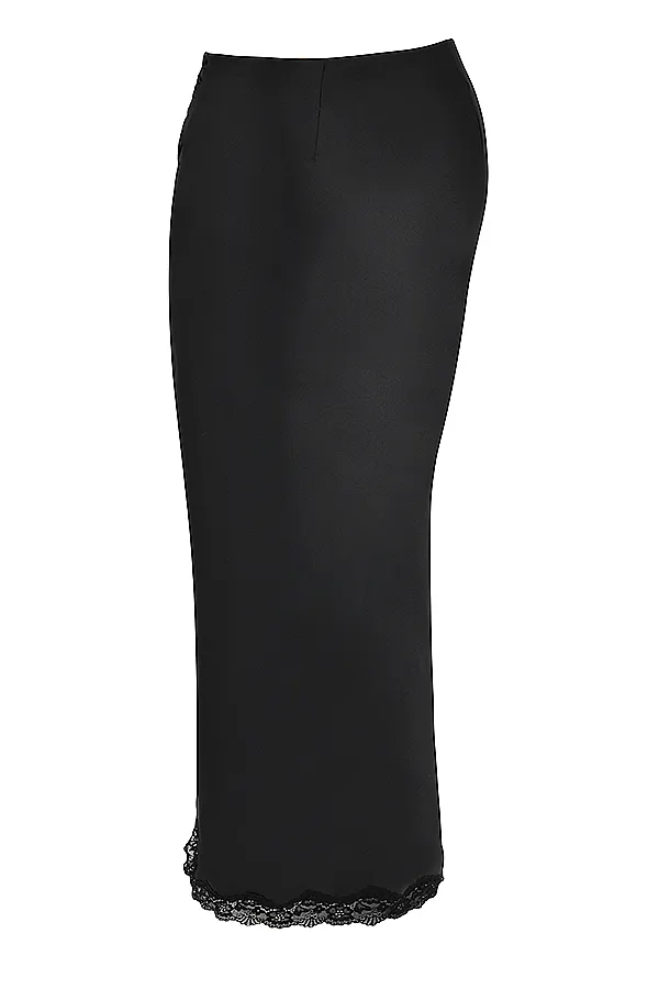 House Of CB RubyBlack Satin Lace Trim Midi Skirt 8211 SALE Black Women Skirts