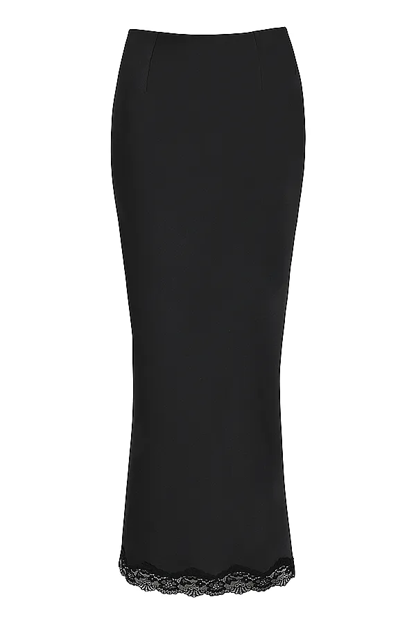 House Of CB RubyBlack Satin Lace Trim Midi Skirt 8211 SALE Black Women Skirts