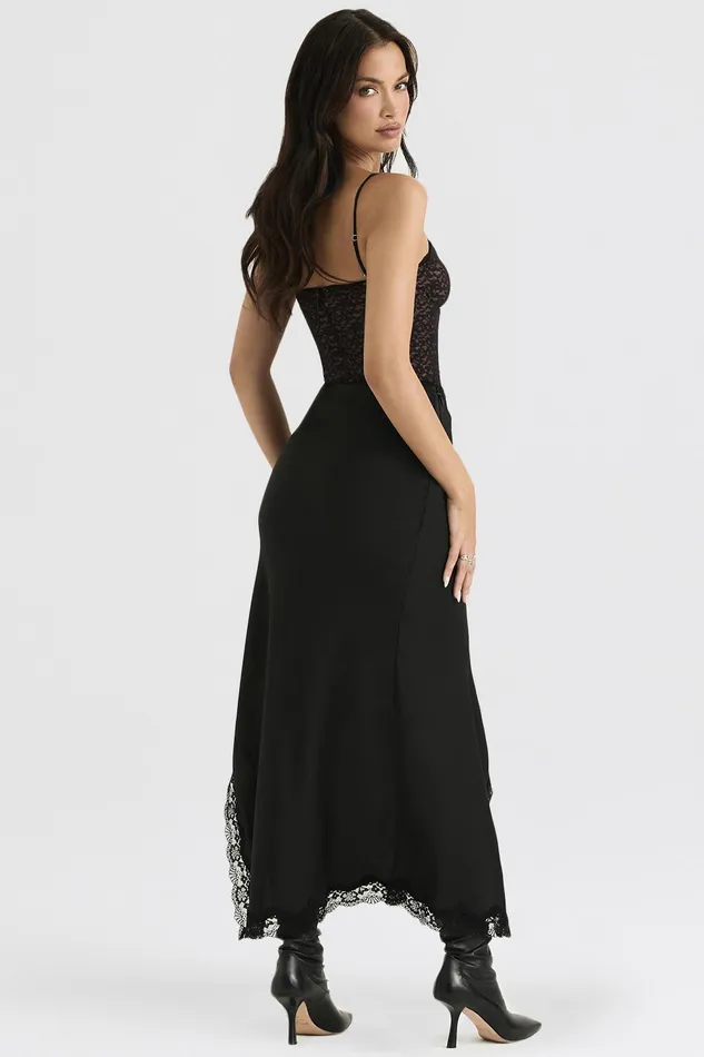 House Of CB RubyBlack Satin Lace Trim Midi Skirt 8211 SALE Black Women Skirts