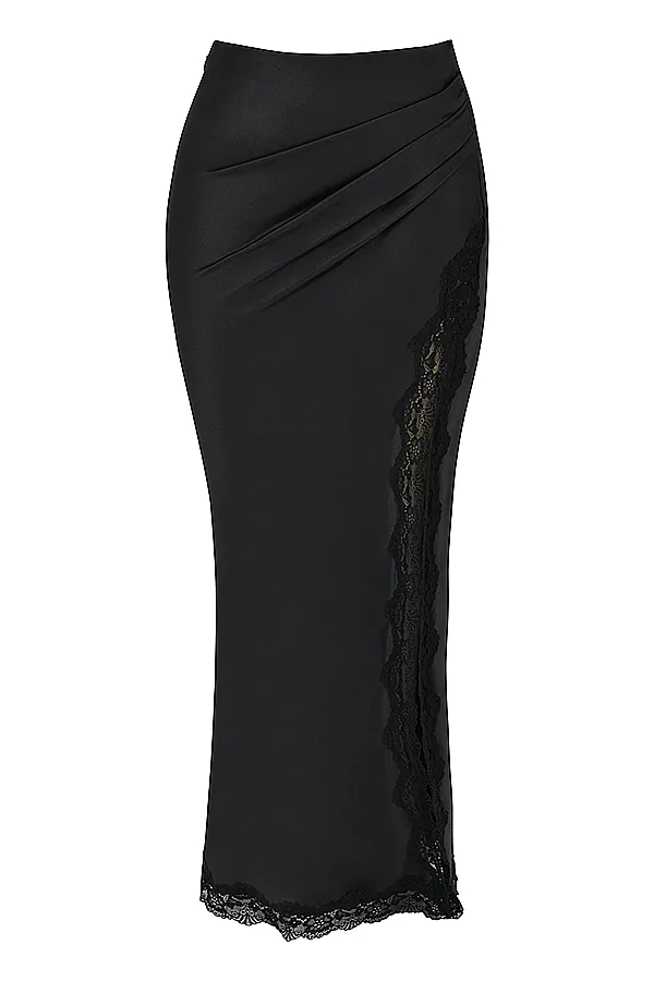 House Of CB RubyBlack Satin Lace Trim Midi Skirt 8211 SALE Black Women Skirts