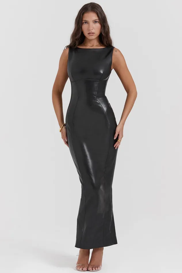 House Of CB SaharaBlack Vegan Leather Maxi Dress Black Women Corset Dresses