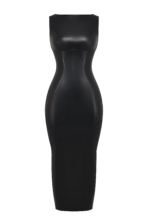 House Of CB SaharaBlack Vegan Leather Maxi Dress Black Women Corset Dresses