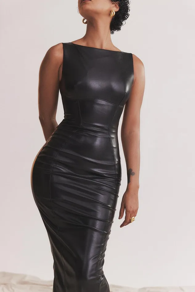 House Of CB SaharaBlack Vegan Leather Maxi Dress Black Women Corset Dresses
