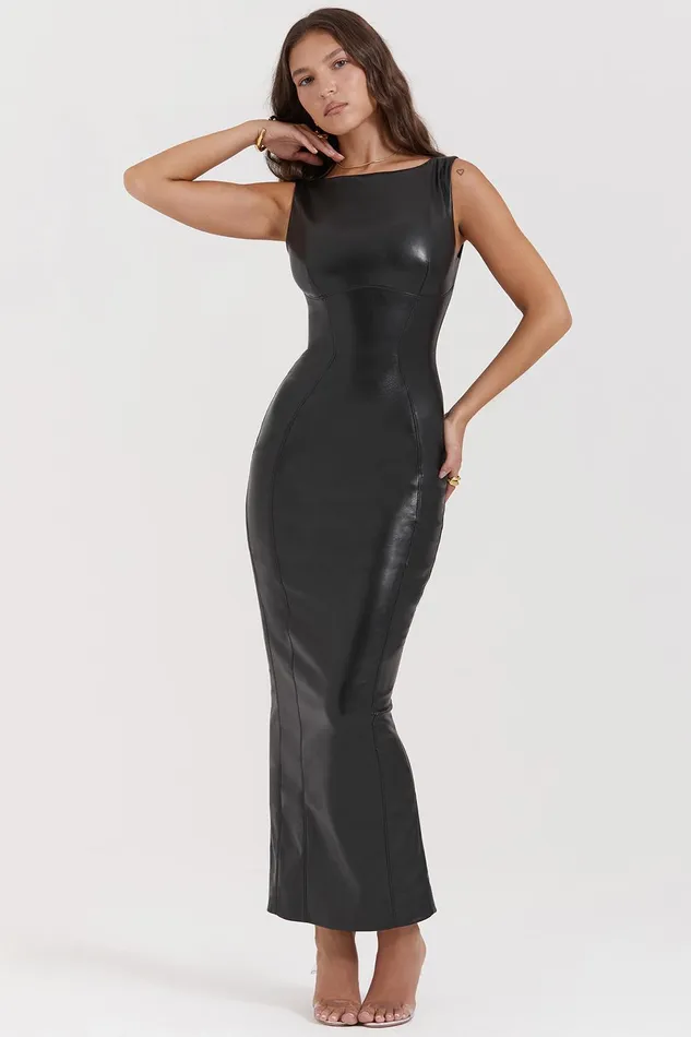 House Of CB SaharaBlack Vegan Leather Maxi Dress Black Women Corset Dresses