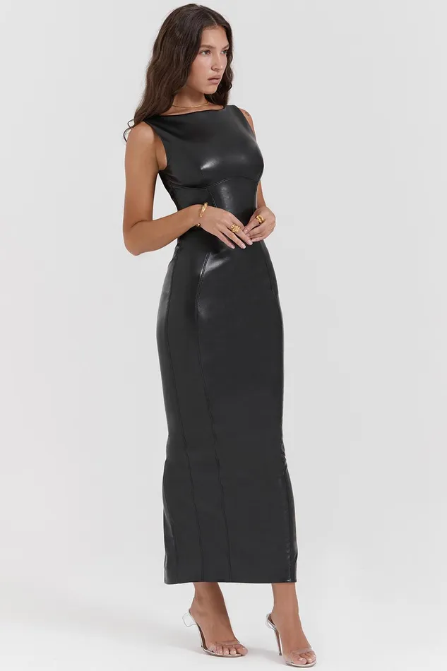 House Of CB SaharaBlack Vegan Leather Maxi Dress Black Women Corset Dresses