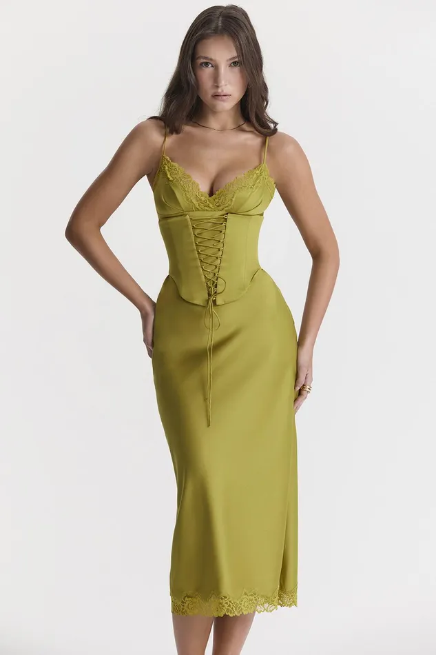 House Of CB SalmaChartreuse Satin Slip Dress 8211 SALE Chartreuse Women Corset Dresses