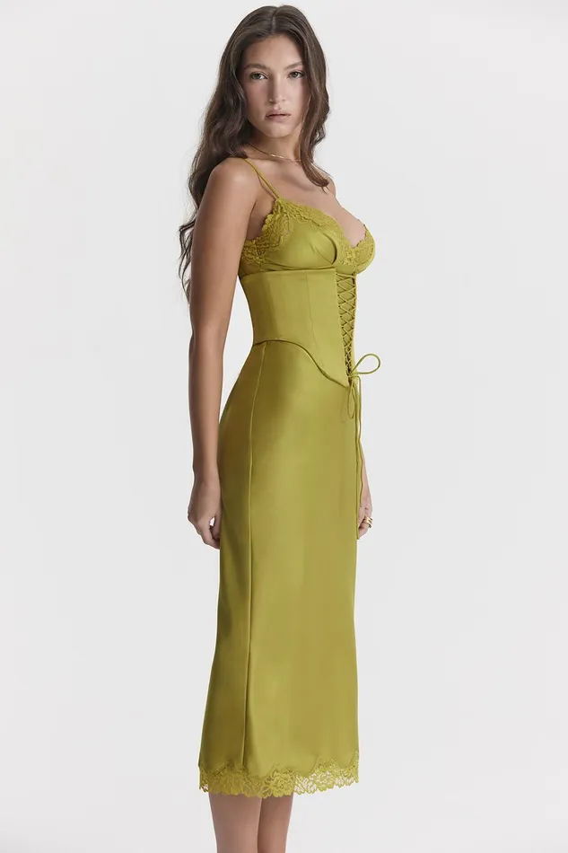 House Of CB SalmaChartreuse Satin Slip Dress 8211 SALE Chartreuse Women Corset Dresses