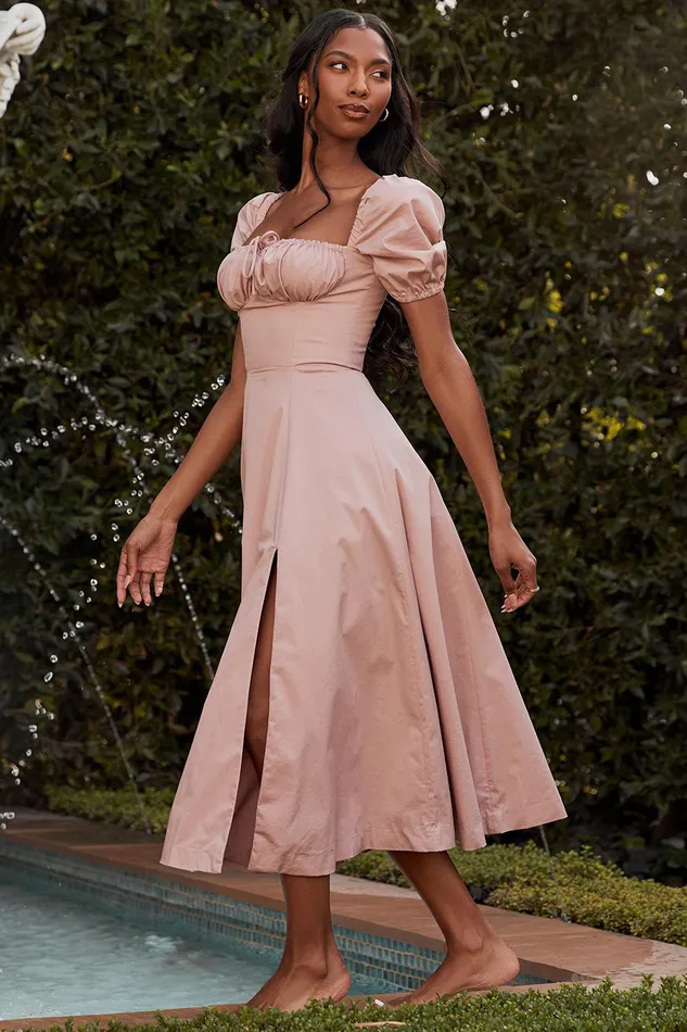 House Of CB TallulahBlush Puff Sleeve Midi Dress Blush Women Corset Dresses