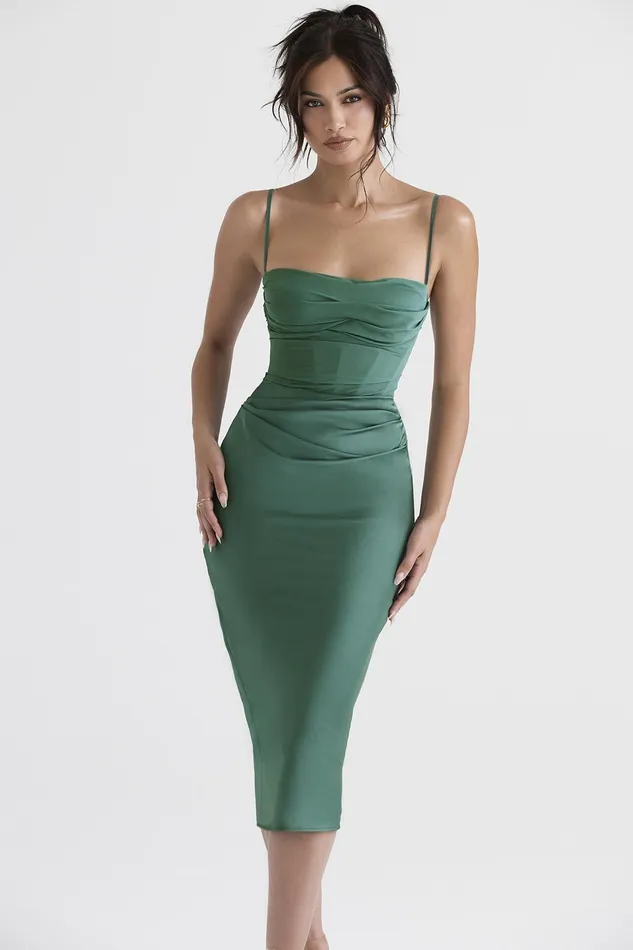 House Of CB TeiaForest Draped Corset Midi Dress Forest Women Bodycon Dresses