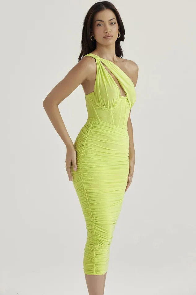 House Of CB ValentinaLime Asymmetric Cutout Midi Dress 8211 SALE Lime Women Bodycon Dresses