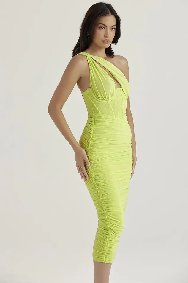 House Of CB ValentinaLime Asymmetric Cutout Midi Dress 8211 SALE Lime Women Bodycon Dresses