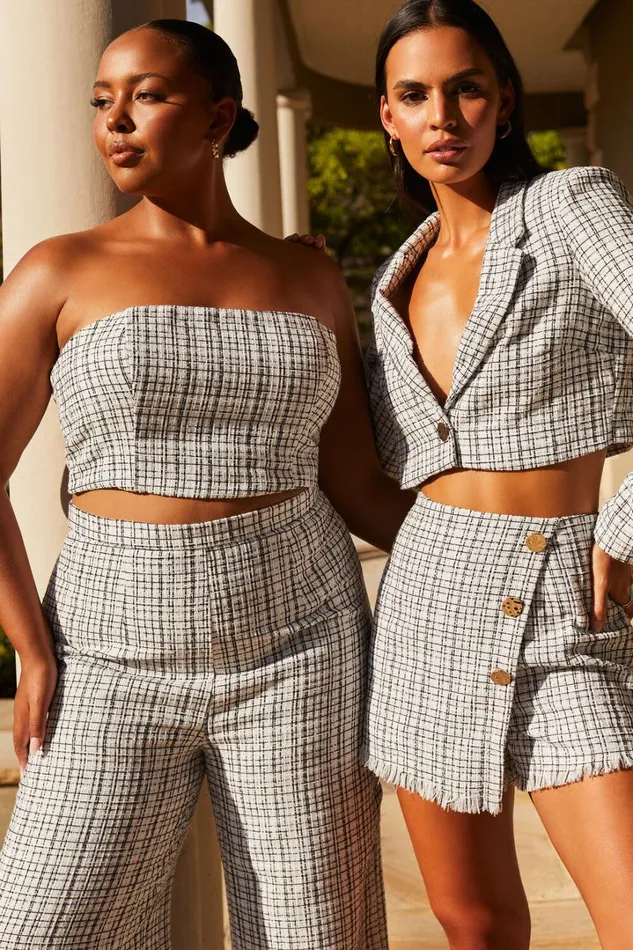 Icie Pants 8211 High Waisted Tweed Wide Leg Pants In White and Black Women Showpo Pants