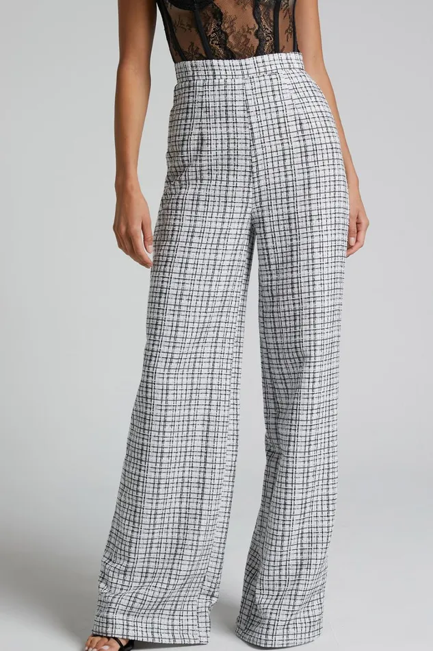 Icie Pants 8211 High Waisted Tweed Wide Leg Pants In White and Black Women Showpo Pants