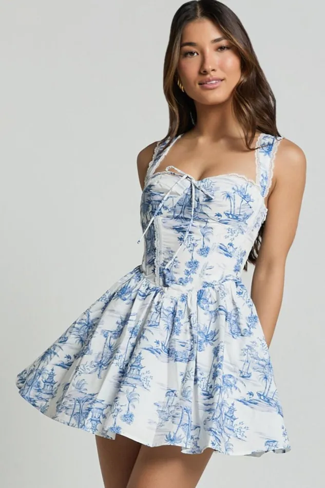 Idris Mini Dress 8211 Lace Trim Corset Lace Up Back Dress In Toile De Jouy Print Women Showpo Dresses