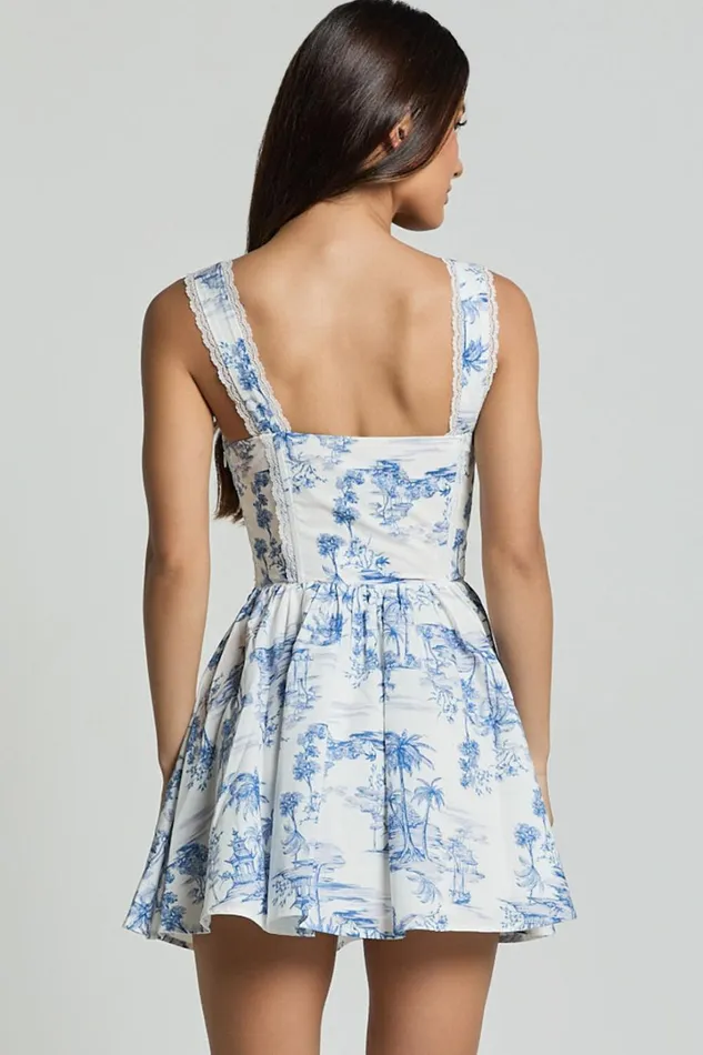 Idris Mini Dress 8211 Lace Trim Corset Lace Up Back Dress In Toile De Jouy Print Women Showpo Dresses