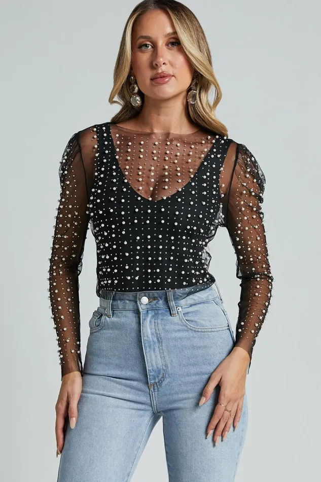 Illiana Top 8211 Pearl Mesh Gathered Long Sleeve Top In Black Women Showpo Tops