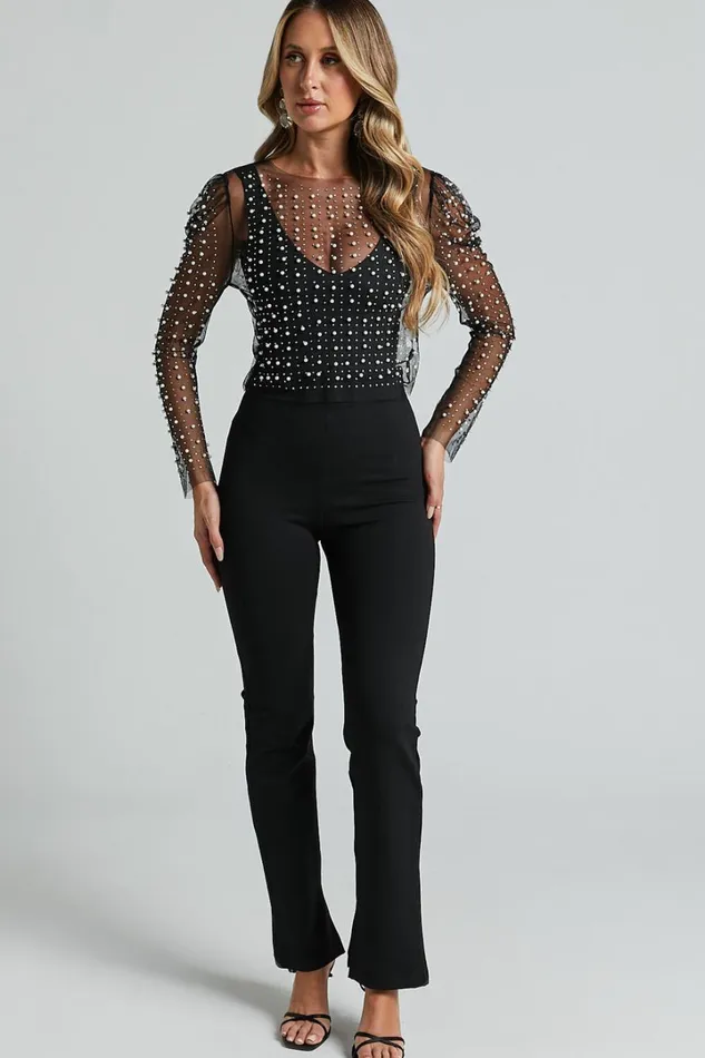 Illiana Top 8211 Pearl Mesh Gathered Long Sleeve Top In Black Women Showpo Tops