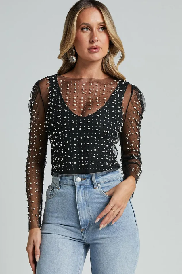 Illiana Top 8211 Pearl Mesh Gathered Long Sleeve Top In Black Women Showpo Tops