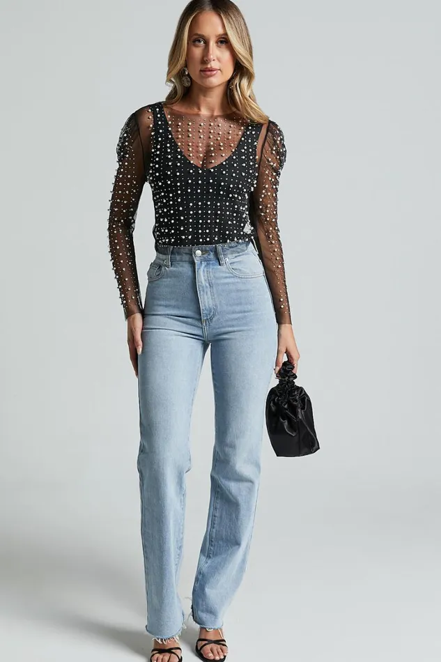 Illiana Top 8211 Pearl Mesh Gathered Long Sleeve Top In Black Women Showpo Tops