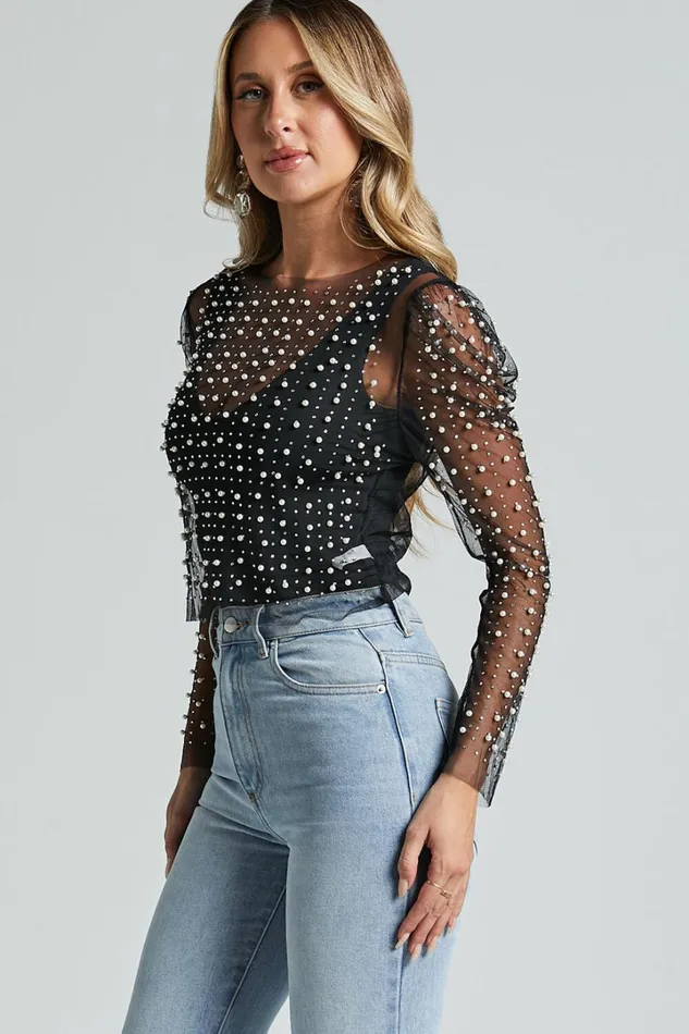 Illiana Top 8211 Pearl Mesh Gathered Long Sleeve Top In Black Women Showpo Tops