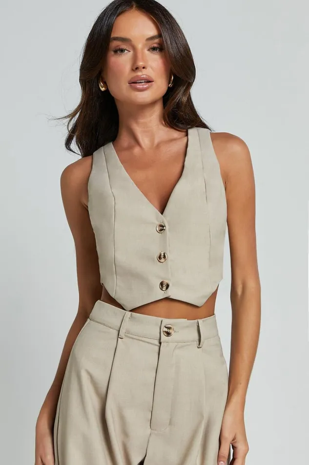 Izara Vest 8211 V Neck Button Up Cropped Vest In Oatmeal Women Showpo Tops