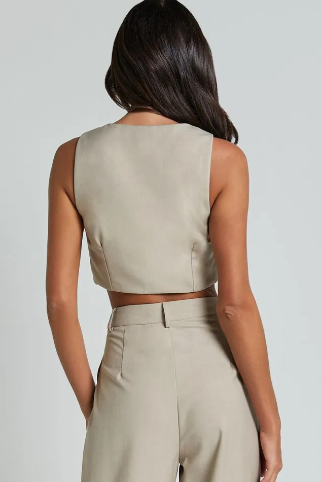 Izara Vest 8211 V Neck Button Up Cropped Vest In Oatmeal Women Showpo Tops