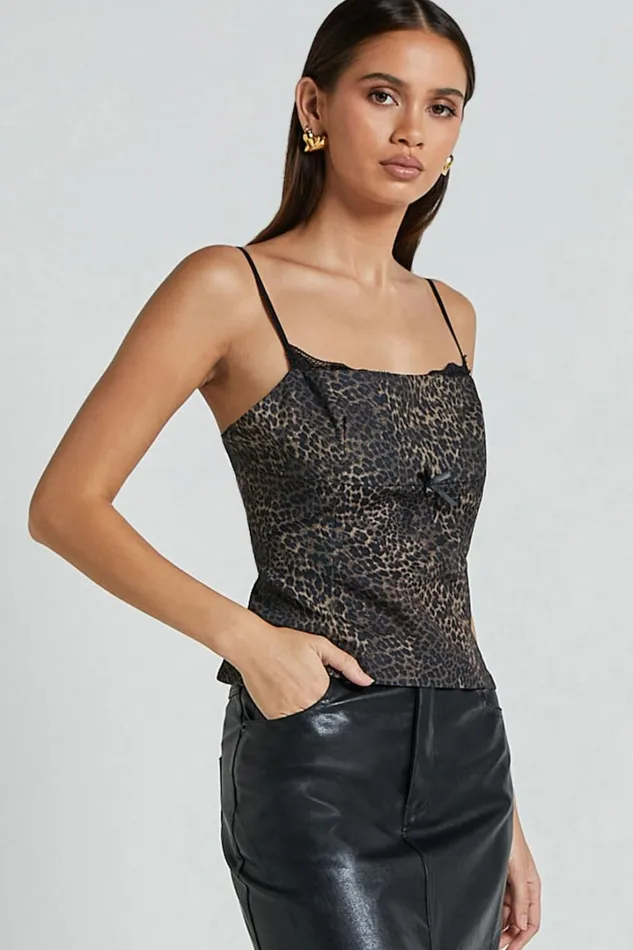 Jada Cami 8211 Straight Neck Panelled Top With Lace Detail In Leopard Women Showpo Tops