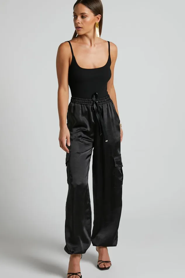 Jadeiah Pants 8211 Mid Rise Cargo Pocket Satin Jogger Pant In Black Women Showpo Loungewear