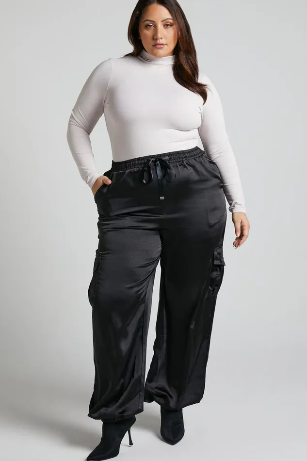 Jadeiah Pants 8211 Mid Rise Cargo Pocket Satin Jogger Pant In Black Women Showpo Loungewear