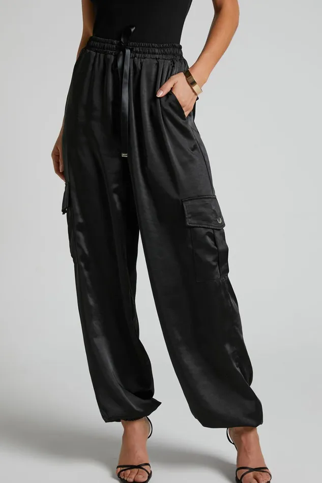 Jadeiah Pants 8211 Mid Rise Cargo Pocket Satin Jogger Pant In Black Women Showpo Loungewear